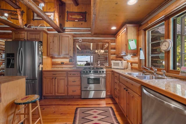 kitchen featuring appliances with stainless steel finishes, light hardwood / wood-style flooring, and plenty of natural light