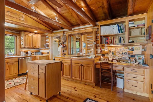 kitchen with built in desk, wooden ceiling, light hardwood / wood-style flooring, dishwasher, and a center island