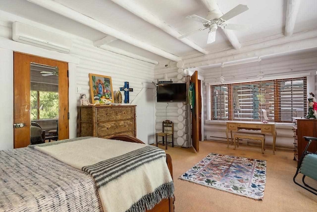 carpeted bedroom with a wall mounted AC, beamed ceiling, and ceiling fan