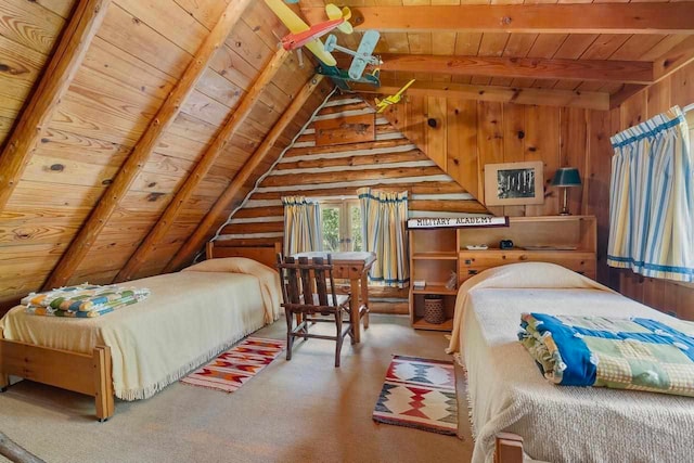 carpeted bedroom with wood ceiling, lofted ceiling with beams, and wooden walls