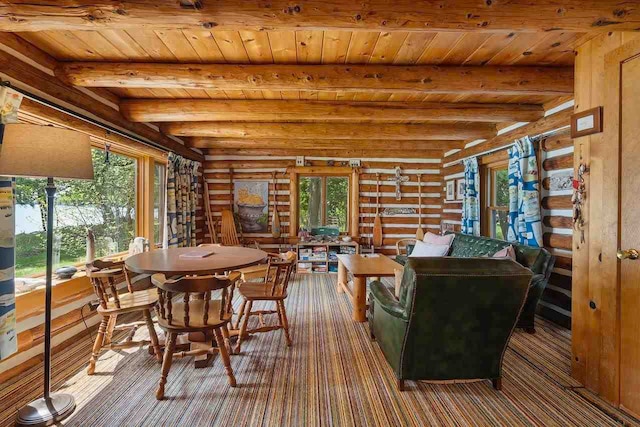 dining space with beam ceiling, a healthy amount of sunlight, wooden ceiling, and rustic walls