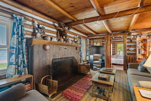 living room with wood ceiling, beamed ceiling, wood-type flooring, and rustic walls