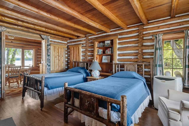 bedroom featuring multiple windows, dark hardwood / wood-style floors, and wood ceiling