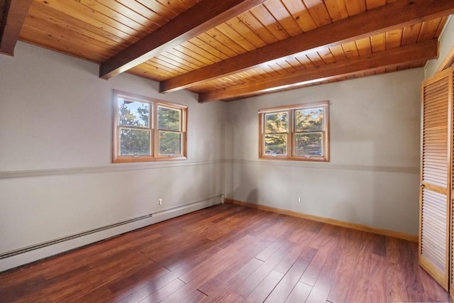 unfurnished room featuring baseboard heating, wooden ceiling, wood-type flooring, and plenty of natural light