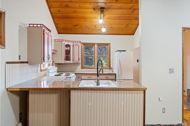 kitchen featuring sink, kitchen peninsula, white appliances, and wooden ceiling