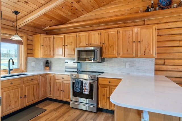 kitchen with wood ceiling, vaulted ceiling, light hardwood / wood-style flooring, sink, and stainless steel appliances