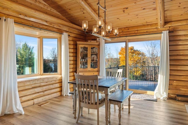 dining area with wood ceiling, lofted ceiling with beams, log walls, and light wood-type flooring