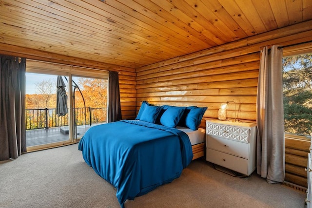 carpeted bedroom featuring log walls, wooden ceiling, and access to exterior