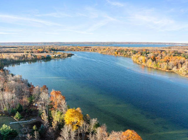 drone / aerial view with a water view