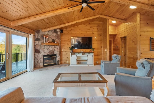 living room featuring vaulted ceiling with beams, wood ceiling, light colored carpet, and wooden walls