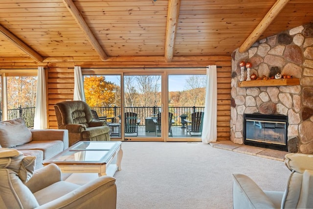 carpeted living room featuring a fireplace, beamed ceiling, wooden ceiling, and rustic walls