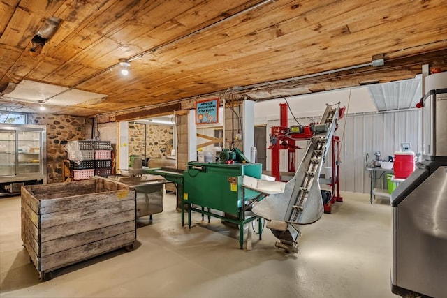 basement featuring wooden ceiling