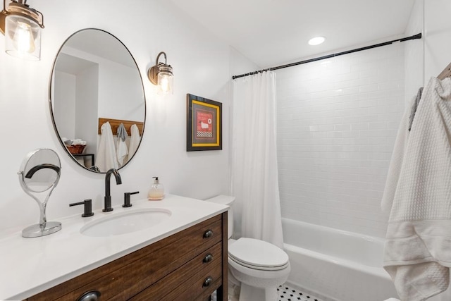 full bathroom with vanity, shower / tub combo, toilet, and tile patterned flooring