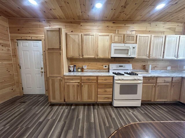 5157 Graham Rd, East Jordan, MI 49727 - kitchen with light countertops, wood walls, dark wood-style flooring, and white appliances