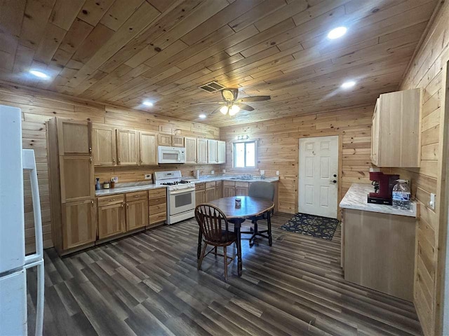 5157 Graham Rd, East Jordan, MI 49727 - kitchen featuring light countertops, wood ceiling, ceiling fan, and white appliances