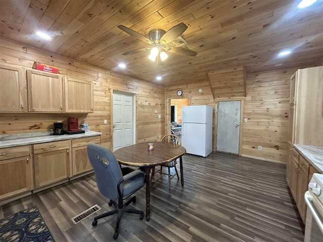 5157 Graham Rd, East Jordan, MI 49727 - interior space with a ceiling fan, wooden ceiling, dark wood finished floors, visible vents, and wood walls