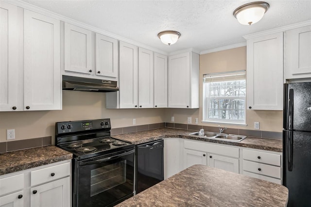 kitchen featuring under cabinet range hood, dark countertops, a sink, and black appliances