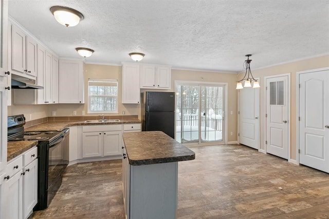 3911 Leslie Ln, Petoskey, MI 49770 - kitchen with under cabinet range hood, dark countertops, black appliances, and a sink