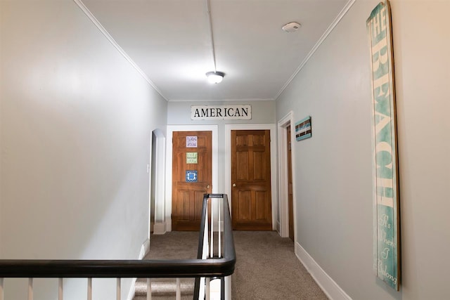 corridor featuring carpet and crown molding