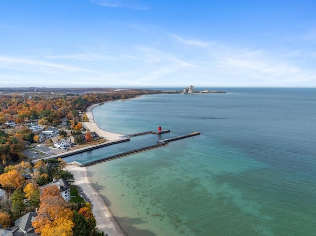 bird's eye view featuring a beach view and a water view