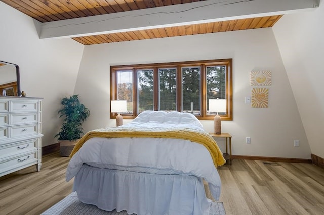 bedroom featuring wooden ceiling, light hardwood / wood-style flooring, and lofted ceiling with beams