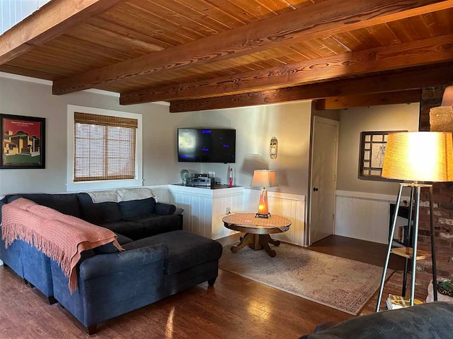 living room with dark wood-type flooring, beam ceiling, and wooden ceiling