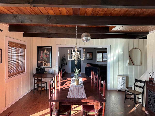 dining area with beamed ceiling, a chandelier, and dark hardwood / wood-style floors