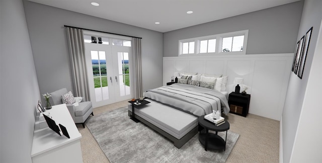 bedroom with french doors and light colored carpet