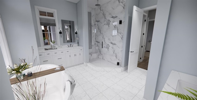 bathroom with vanity and plus walk in shower