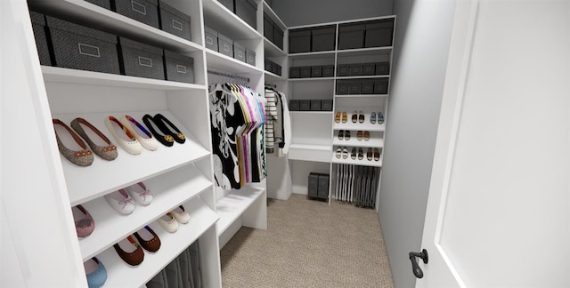 spacious closet featuring light carpet