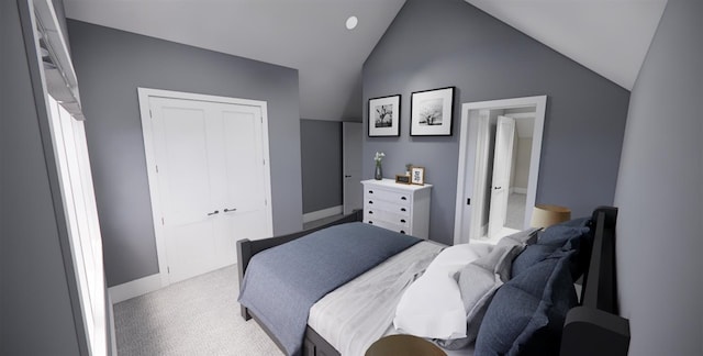 bedroom featuring light carpet, vaulted ceiling, and a closet