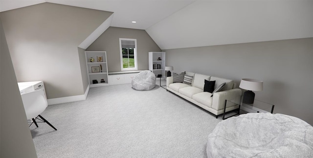 living room featuring lofted ceiling and light carpet