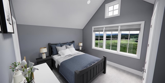 bedroom with lofted ceiling and carpet floors