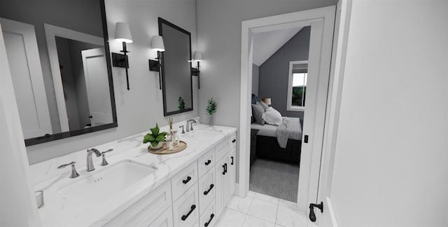 bathroom featuring tile patterned flooring, vanity, and vaulted ceiling