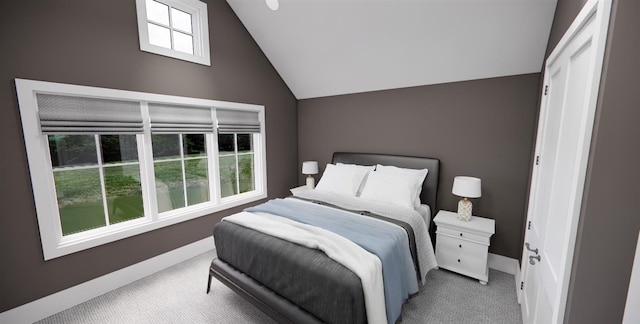 carpeted bedroom featuring vaulted ceiling