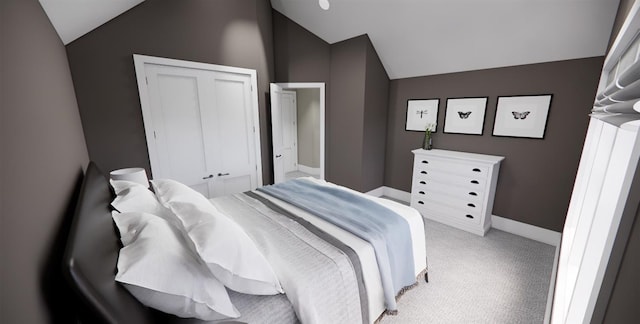 carpeted bedroom with vaulted ceiling and a closet