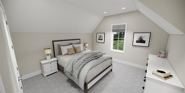 bedroom with vaulted ceiling and light colored carpet