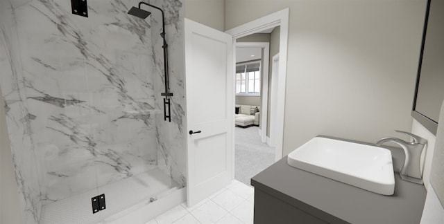 bathroom with vanity, tile patterned floors, and a shower with shower door