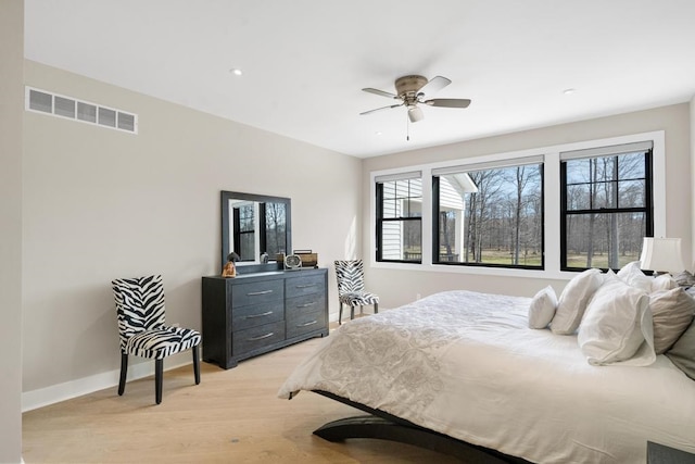 bedroom featuring ceiling fan and light hardwood / wood-style flooring