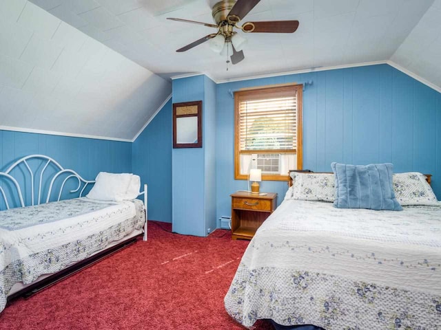 bedroom featuring vaulted ceiling, baseboard heating, ceiling fan, cooling unit, and dark colored carpet