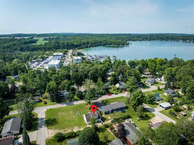 drone / aerial view with a water view