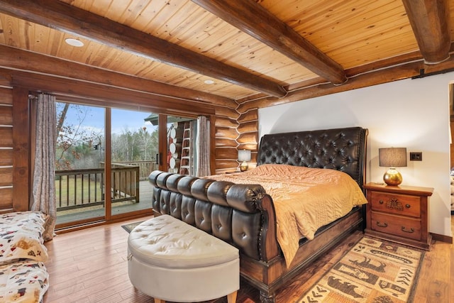 bedroom with log walls, access to outside, light hardwood / wood-style floors, and wood ceiling