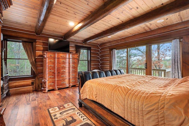 bedroom with rustic walls, beamed ceiling, access to outside, wood ceiling, and hardwood / wood-style flooring