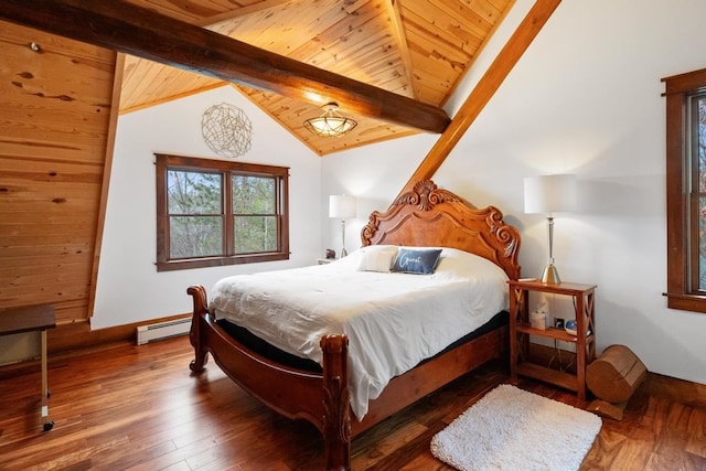 bedroom with lofted ceiling with beams, wooden ceiling, dark wood-type flooring, and a baseboard radiator