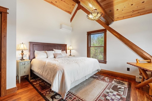 bedroom featuring wood ceiling, baseboard heating, wood-type flooring, lofted ceiling with beams, and an AC wall unit