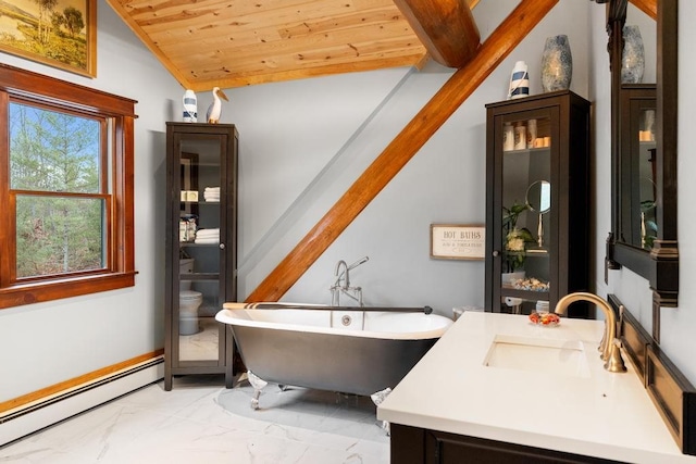 bathroom featuring wood ceiling, a washtub, vanity, vaulted ceiling, and a baseboard radiator