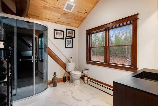 bathroom with vanity, wooden ceiling, lofted ceiling, baseboard heating, and an enclosed shower