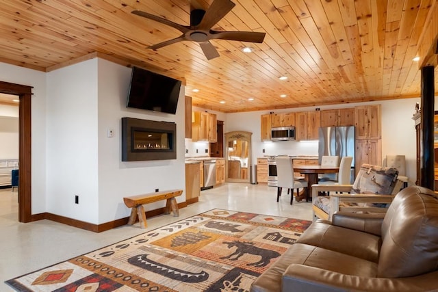 living room with ceiling fan and wood ceiling