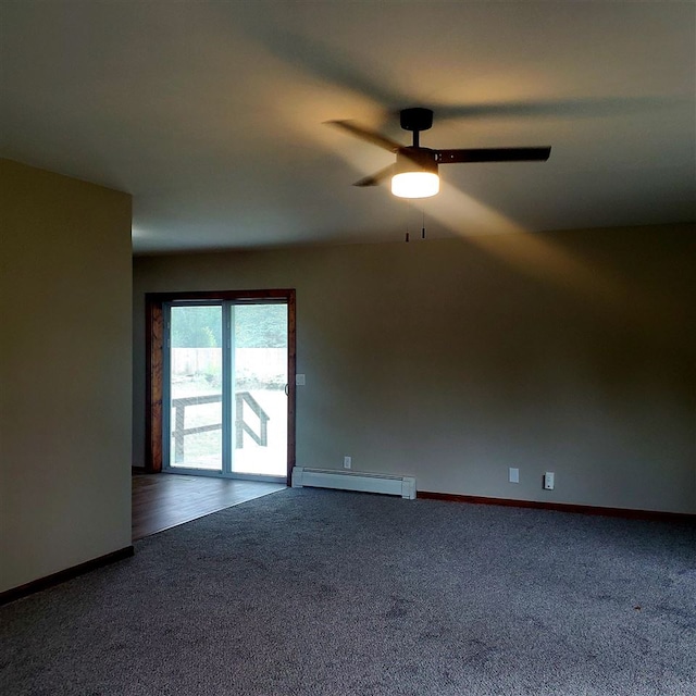 carpeted empty room featuring ceiling fan and baseboard heating