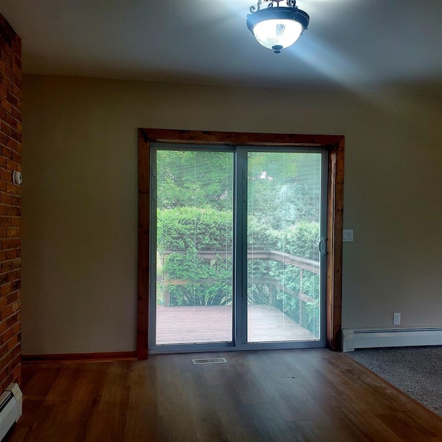 doorway featuring dark hardwood / wood-style flooring and a baseboard radiator